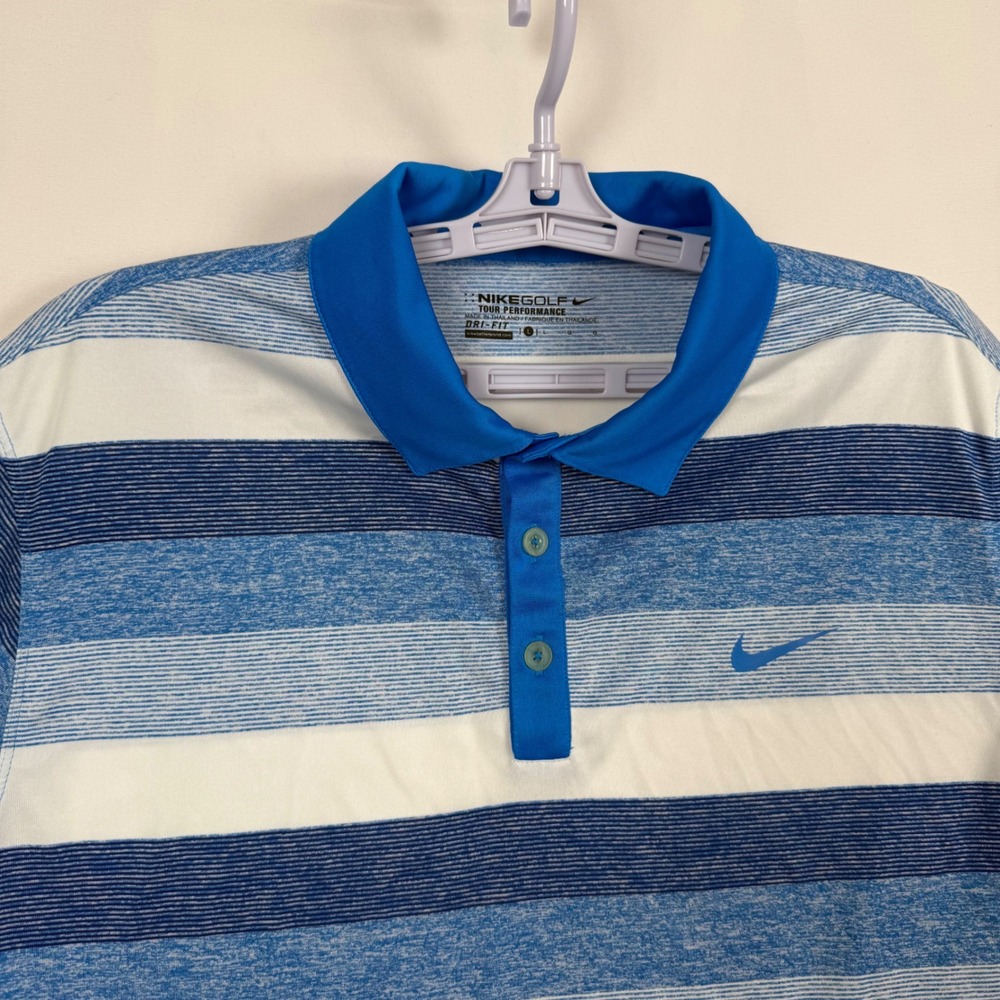 Nike Golf Tour Performance Dri-FIT Striped Polo Shirt Mens Large Blue White